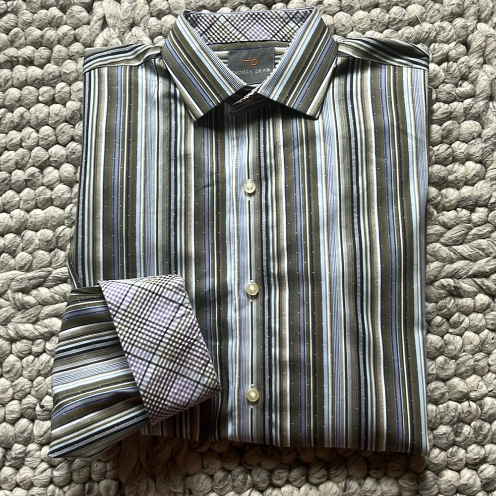 Thomas Dean blue/olive stripe shirt with contrasting cuffs and collar